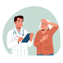 Doctor talks to a female elderly patient and thinking about diagnosis. Vector flat style cartoon illustration