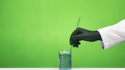 Hand stirring blue liquid in beaker with glass rod against green background - Powered by Adobe
