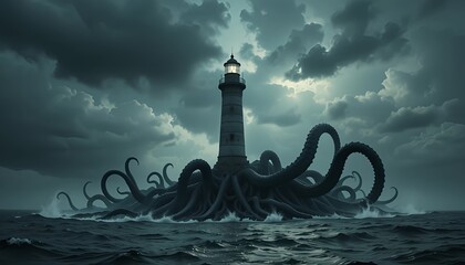 Lighthouse kraken sea storm fantasy art illustration digital painting wallpaper hd