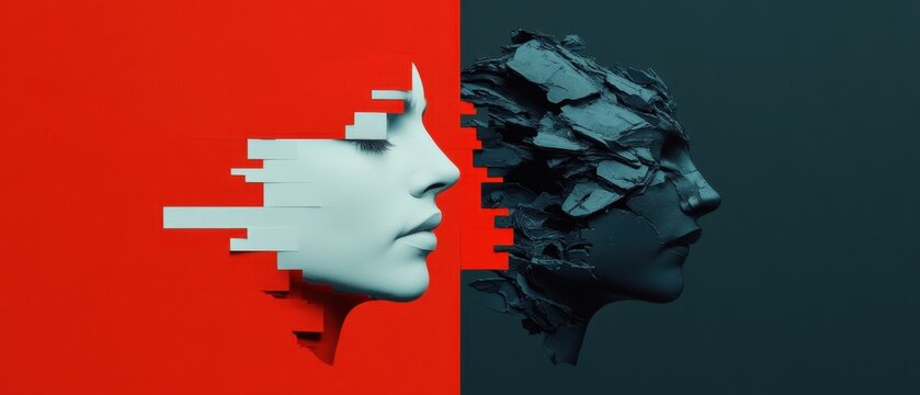 Contrasting faces divided by contrasting colors.
