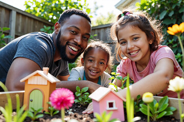 Happy african american father gardening with his two young daughters in backyard on sunny day. Dad and children planting flowers and creating miniature fairy garden, representing family bonding