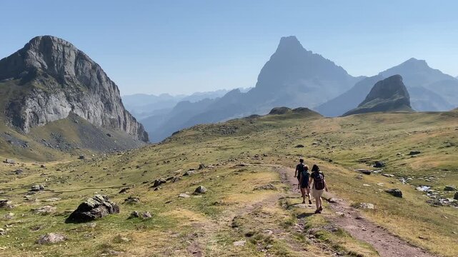 Group of hikers through the Pyrenees mountain range, Europe