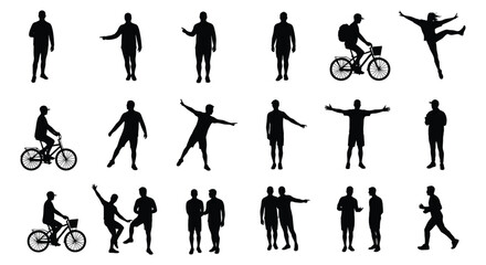 Collection of black silhouette figures in various active poses and motions