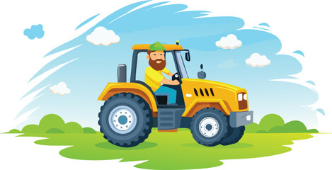 Fototapeta premium A cheerful farmer drives a yellow tractor across a vibrant green field under a bright blue sky, isolated on white background