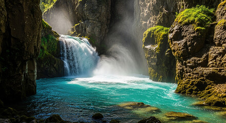 A vibrant waterfall cascading into a turquoise pool surrounded by mossy rocks and lush greenery view
