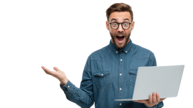 A shocked young man with laptop