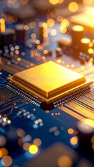 Close-up of a golden processor chip on a circuit board