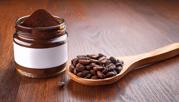 Wooden Spoon With Coffee Beans Next To A Jar With Blank Label - Powered by Adobe