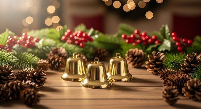 Festive christmas table decoration with golden bells, pine cones, red berries, and fir branches creating a warm and inviting holiday atmosphere - Powered by Adobe
