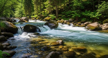 Fototapeta premium A river flowing through a forest with rocks and trees on either side of the river on a sunny day