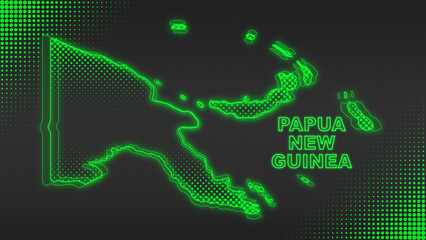 Neon Green Papua New Guinea Map Outline Futuristic Digital Glow Halftone Illustration