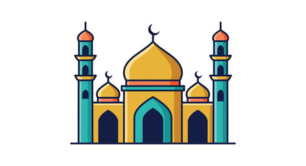 Colorful illustration of an islamic mosque with minarets and golden dome
