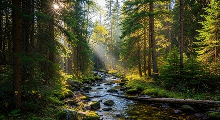 Obraz premium Sunlight streams through trees illuminating a stream flowing through a lush green forest landscape