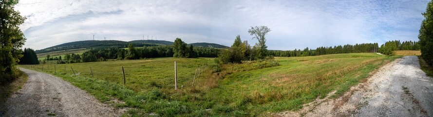 A panoramic view of a crop field with wind turbines in the background