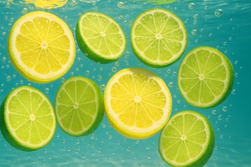 Refreshing Lemon and Lime Slices in Bubbling Water - Vibrant Citrus Fruit Concept