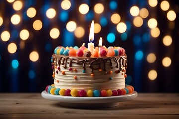Delicious birthday cake with candles and colorful candy on a wooden table against bokeh background