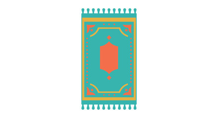 A vibrant teal and orange patterned prayer rug with decorative fringes