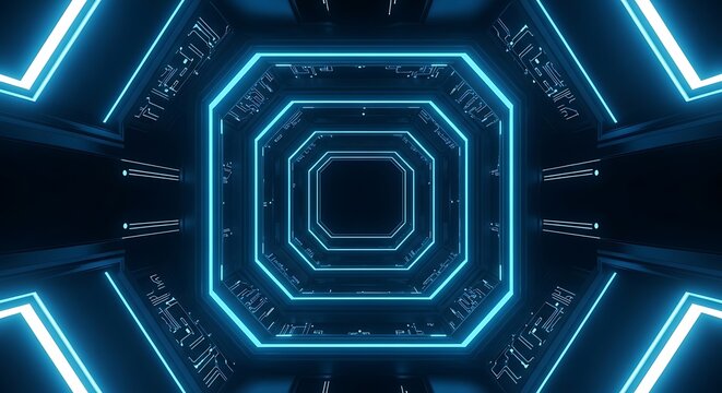An abstract futuristic tunnel with glowing blue neon lights forming octagonal shapes in a dark space