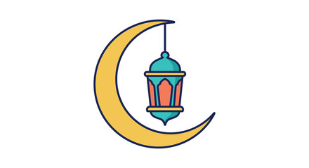 A colorful crescent moon with a hanging lantern illustration design