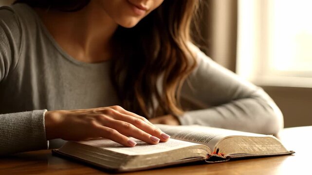 Woman reading the bible. A woman is reading a book indoors. A study of peaceful learning focused on literature. A female reading the bible lifestyle.