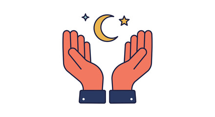 Praying hands reaching towards a crescent moon and shining star