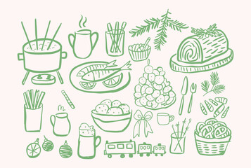 A Cozy Culinary Collection Featuring Dishes, Desserts, and Holiday Decorations in Soft Green Doodles and Illustrations Perfect for Celebration