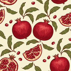 Vibrant Pomegranate Seamless Pattern with Whole and Sliced Fruits, Seeds, and Leaves