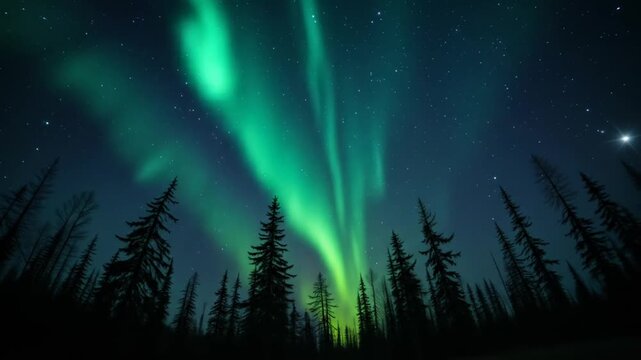Tree silhouette against a magical time-lapse backdrop of the northern lights and starry sky. 4k video