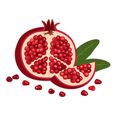 Pomegranate fruit illustration with cut halves, arils, and green leaves