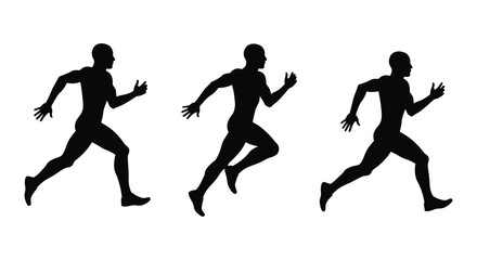 Silhouettes of three men in running poses against a white background