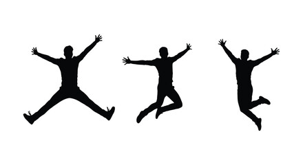 Three silhouetted figures joyfully leaping in mid air dynamic and energetic