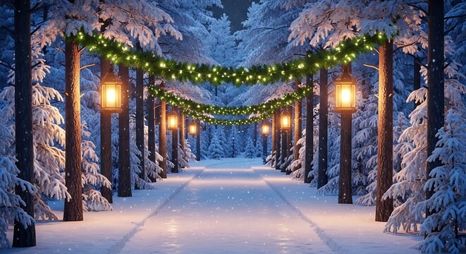 A magical winter wonderland scene with snowcovered trees and a path illuminated by lanterns and garland, creating a festive and enchanting atmosphere