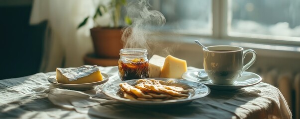 Enjoy rustic breakfast with fresh pastries and coffee.