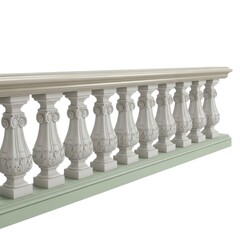 Classic balustrade architectural element with ornate balusters and handrail isolated on white background