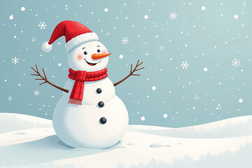 A cheerful snowman with a carrot nose, wearing a red scarf and Santa hat, stands in a snowy landscape with snowflakes falling around.