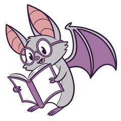 Cartoon bat wearing glasses and reading a book, vector illustration