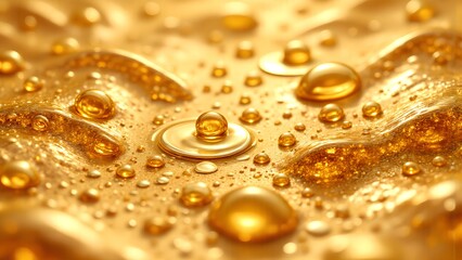 A close-up of shimmering golden liquid droplets on a surface, creating an abstract and visually captivating texture.