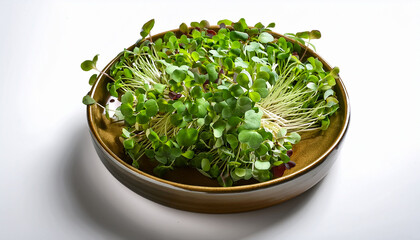 Fototapeta premium On A White Background A Plate Filled With Fresh Microgreens Is Photographed From The Top Illustrating The Idea Of Nutritious And Healthy Vegetarian Food