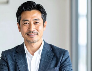 ジャケット姿で穏やかに微笑む日本人の中年男性（40代〜50代）・信頼感のあるポートレート