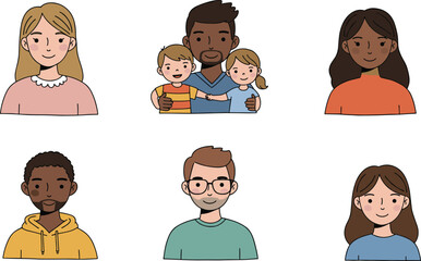 Diverse people avatars and family illustration in flat cartoon style, smiling characters for education, web, app, and social projects
