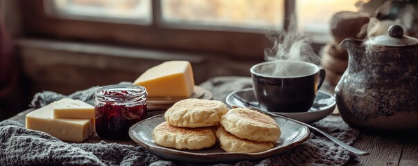 Enjoy rustic breakfast with fresh pastries and coffee.