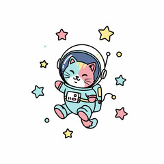 Cute astronaut cat floating in space with colorful stars.