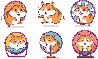 Cute cartoon hamster illustrations running and playing in wheels, funny pet hamster characters for kids, exercise, fitness, and animal designs