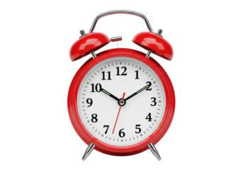 A vibrant bright red metallic twin-bell alarm clock with a crisp white face and black numerals, isolated on a transparent background with copy space, time management concept