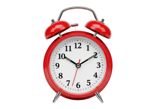 A vibrant bright red metallic twin-bell alarm clock with a crisp white face and black numerals, isolated on a transparent background with copy space, time management concept - Powered by Adobe