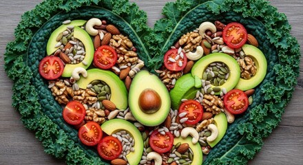 Heart shaped kale filled with avocado tomatoes and nuts on a wooden surface top view