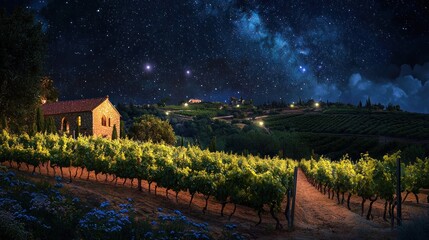 Vineyard under the starry night sky with a charming building.