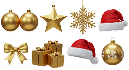 A set of various Christmas decorations, including hanging tree ornaments, balls, and ribbons, for the winter holiday season. Set of Christmas icons