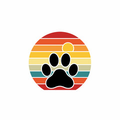 Black Paw Print Centered on Retro Sunset Stripes.