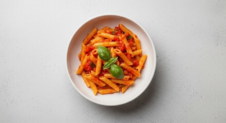 Classic penne pasta marinara with fresh basil, a delicious Italian dish for any occasion. Perfect for food blogs, recipe sites, and culinary projects needing authentic cuisine
